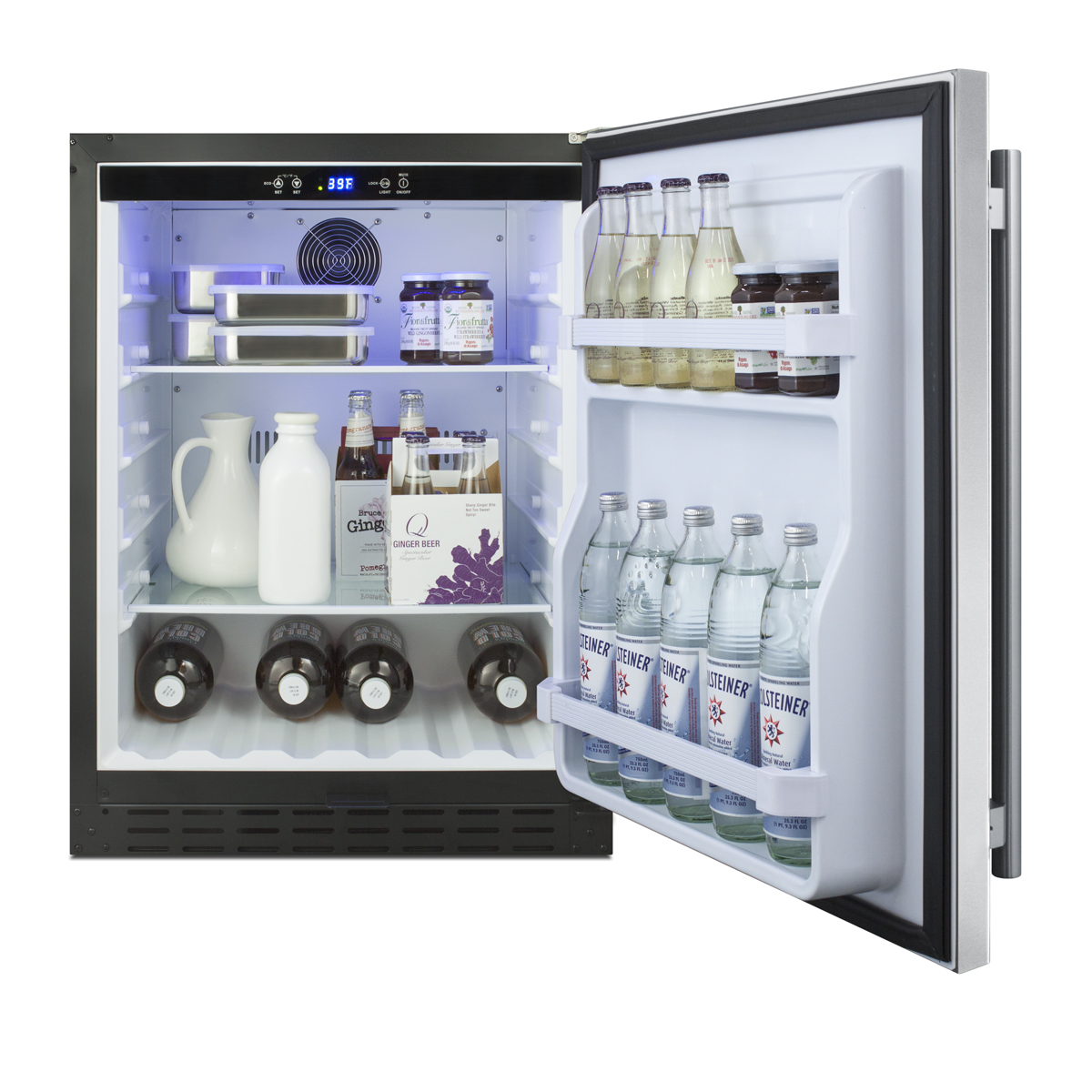 Built-in undercounter ADA compliant all-refrigerator with stainless steel door and cabinet, door storage, lock, and digital controls